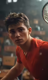 a person wearing a red shirt with a bicycle wheel on top of it