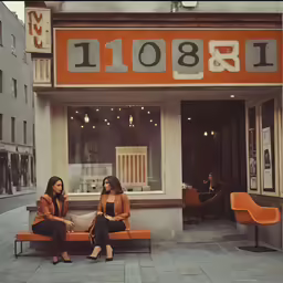 two women sit on benches in front of a store