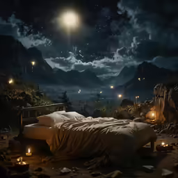 a full view of some mountains and a bed