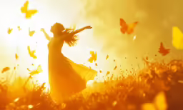 a woman in a field with butterflies