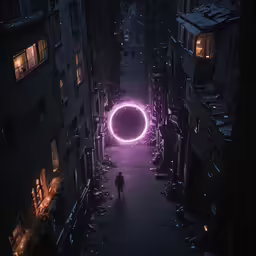 a dark city at night with a person walking down the road