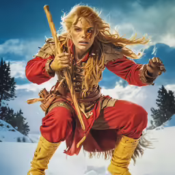 a man with a staff on a snowy mountain side
