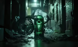a bottle of booze in a dark alley with a skull on it