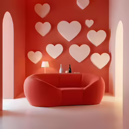 modern design furniture with white heart shapes on red wall