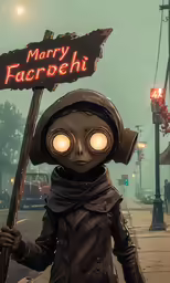 a person in gas mask holding a sign