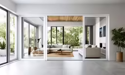 a room with big white chairs and large mirrors