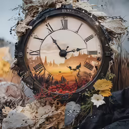 a clock is standing in some dried leaves and flowers