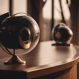 two round globes are on a table, next to each other