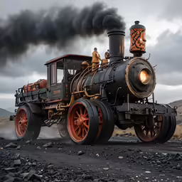 a steam powered train with coal pouring out of it