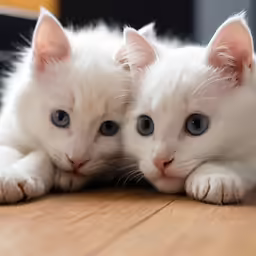 two white kittens one is laying on the ground, and one is looking away