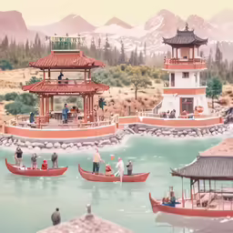 a scenic painting shows boats moving along a waterway, with an oriental building to the side and mountains in the background
