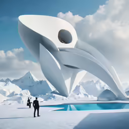 a man in black standing next to a giant sculpture with a sky background