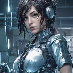 a woman in futuristic clothing and headphones