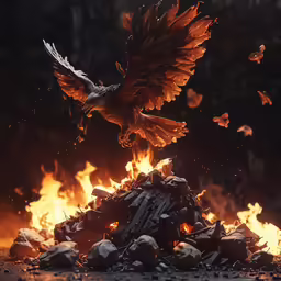 an eagle in flight next to a pile of rocks and fire