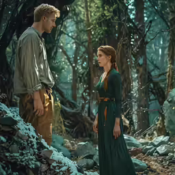 a man and woman standing in the woods looking at something
