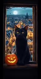 black cat sitting in the window with pumpkin