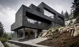 the building has many windows and a long stair