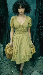 a young woman in a short yellow dress holding a bag