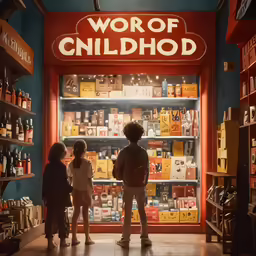 a store display with several children looking into the window