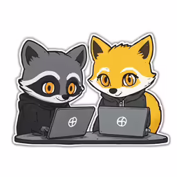 a sticker that is depicting two different types of animals, including a fox and a racoon