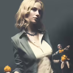 a woman is posing with a small doll