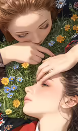 two women are touching each other in front of flowers