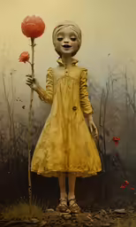 a painting of a little girl holding a flower in her hand