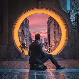 a man in a suit sitting on a wall near a big bright circle