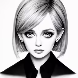 a drawing of a lady with short hair and big eyes