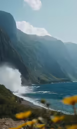a wave coming in from the ocean with mountains in the background