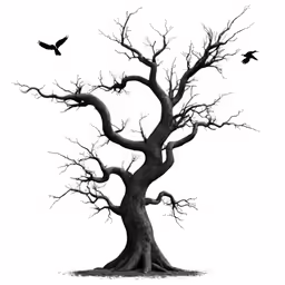 a black and white drawing of a dead tree with birds in flight above it
