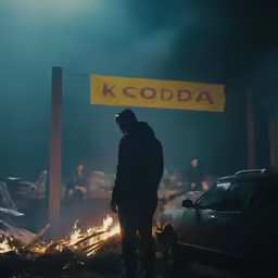 a man standing on top of a fire covered ground