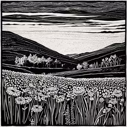 flowers and mountains on black paper with white ink,an illustration of a field with flowers and hills