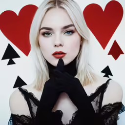 a woman wearing black gloves and holding a red heart