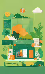 illustration of various graphic work and information on green background,two people sit in front of a green building