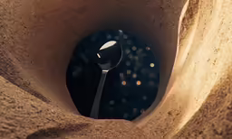 the view through a hole in sand with a fork