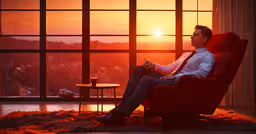 man in a red chair with a laptop looking out the window,the man is sitting in his living room watching the sunset