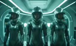 the crew from star trek into space from left kate harmon as cataclouse, marionette kilchon as cataclouse and samikis scott as mary - jane in star trek