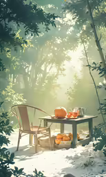 a table that has pumpkins in it on it