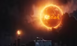 a bright red and yellow object above a dark background