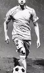 a soccer player in black and white kicking the ball,a drawing of a soccer player with a ball