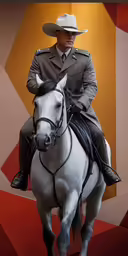 a man in uniform on a horse in front of an orange backdrop