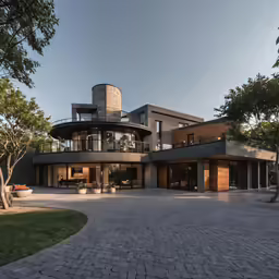 a large modern home is in the background with lots of trees and shrubs around it