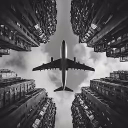an airplane flying over a lot of tall buildings