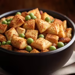 a bowl full of food that includes peas