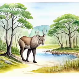 a painting of a deer in the woods,an animal standing in a forest with water