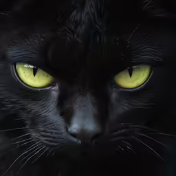 black cat with yellow eyes looks directly into the camera