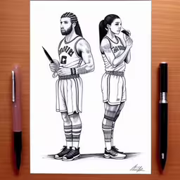 two basketball players are standing next to each other,two basketball players in uniforms holding scissors,a drawing of two basketball players holding knives,two basketball players are standing on the opposite side of each other,a drawing of two basketball players