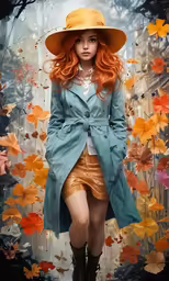 a girl with red hair and large, tan hats stands in front of a backdrop of leaves