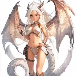 a sexy lady with horns and wings standing next to a dragon